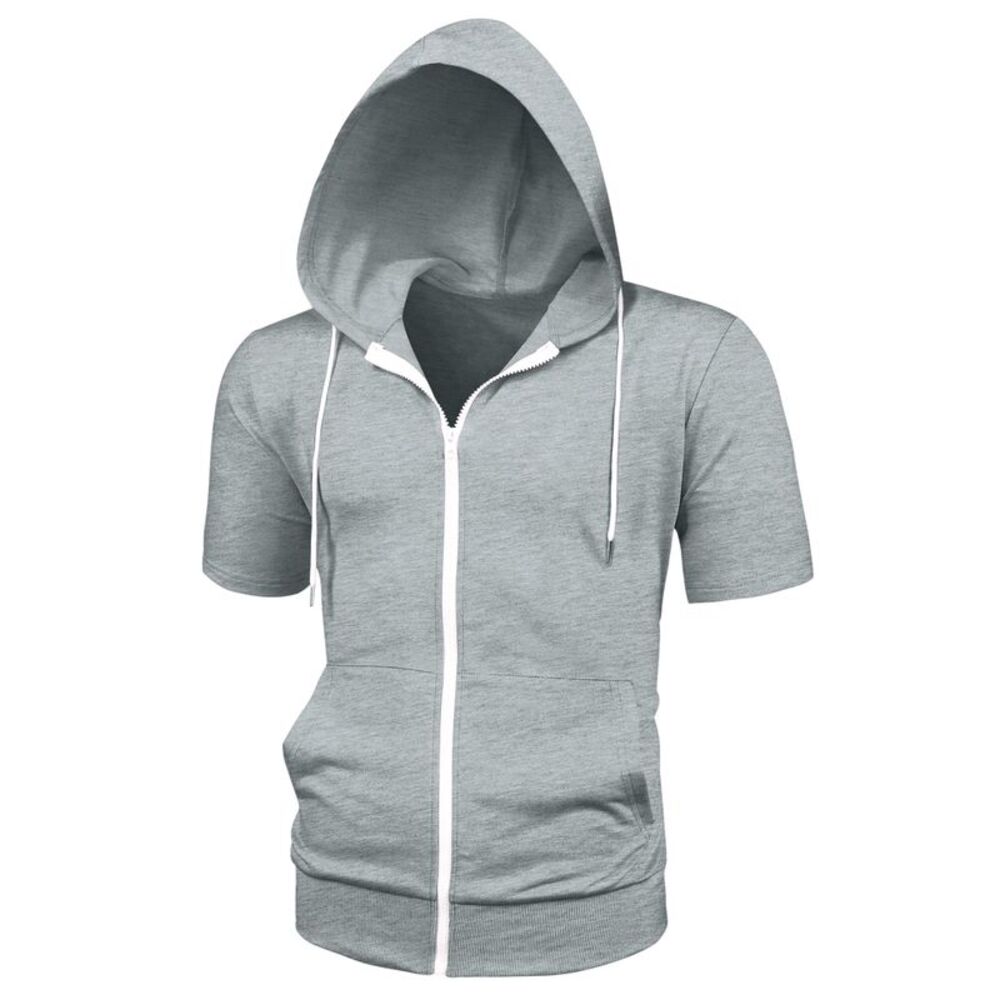 Men's Hoodies Solid Color Zip Up Short Sleeve Jackets with Hood Gray